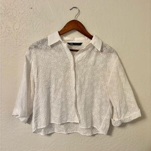 Zara White Textured Button Down Shirt